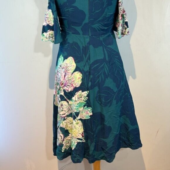 Maeve Anthropologie Elia Floral Print Cold Open Shoulder Dress Size 8 Teal Blue - Picture 4 of 9